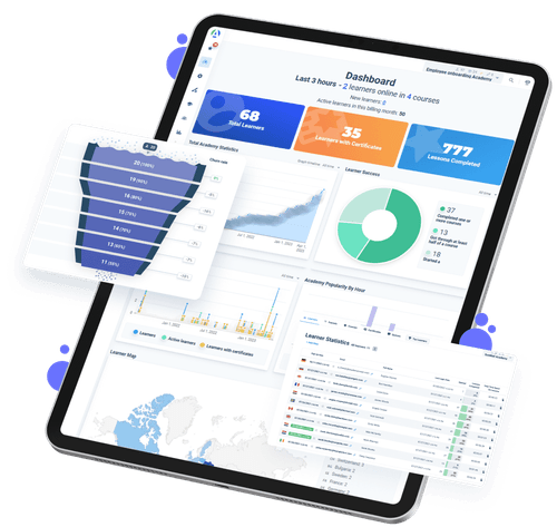 Tablet with screenshot of LMS reporting tools, funnels, and statistics